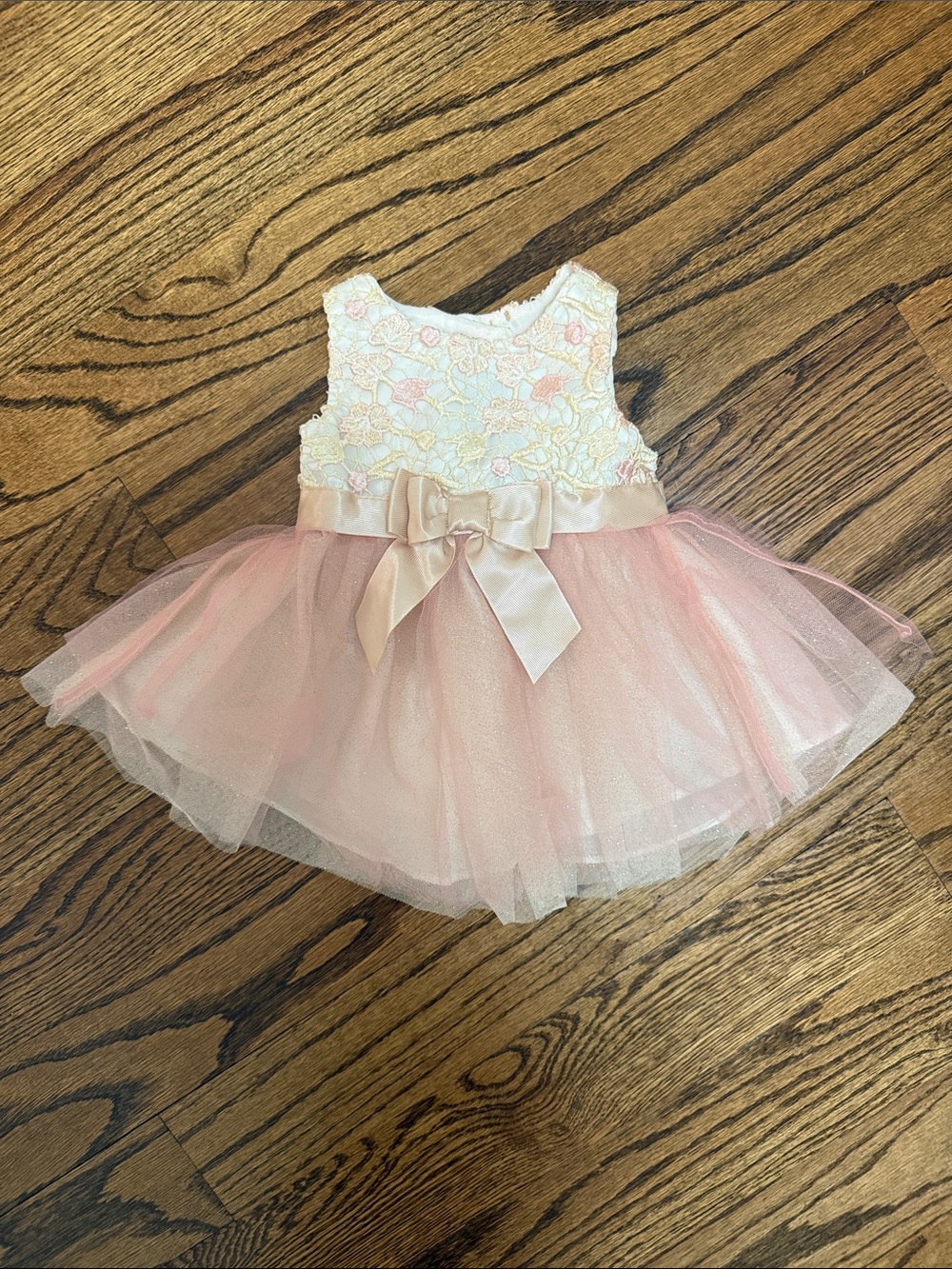 Rare Editions Pink and Ivory Floral Tulle Bow Dress Size 3-6M